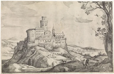 Landschaft mit einer Burg auf einem Berg
